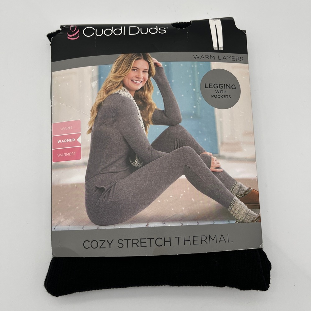 Cuddl Duds Legging Womens XS Black Cozy‎ Stretch Thermal Waffle Knit Pocket